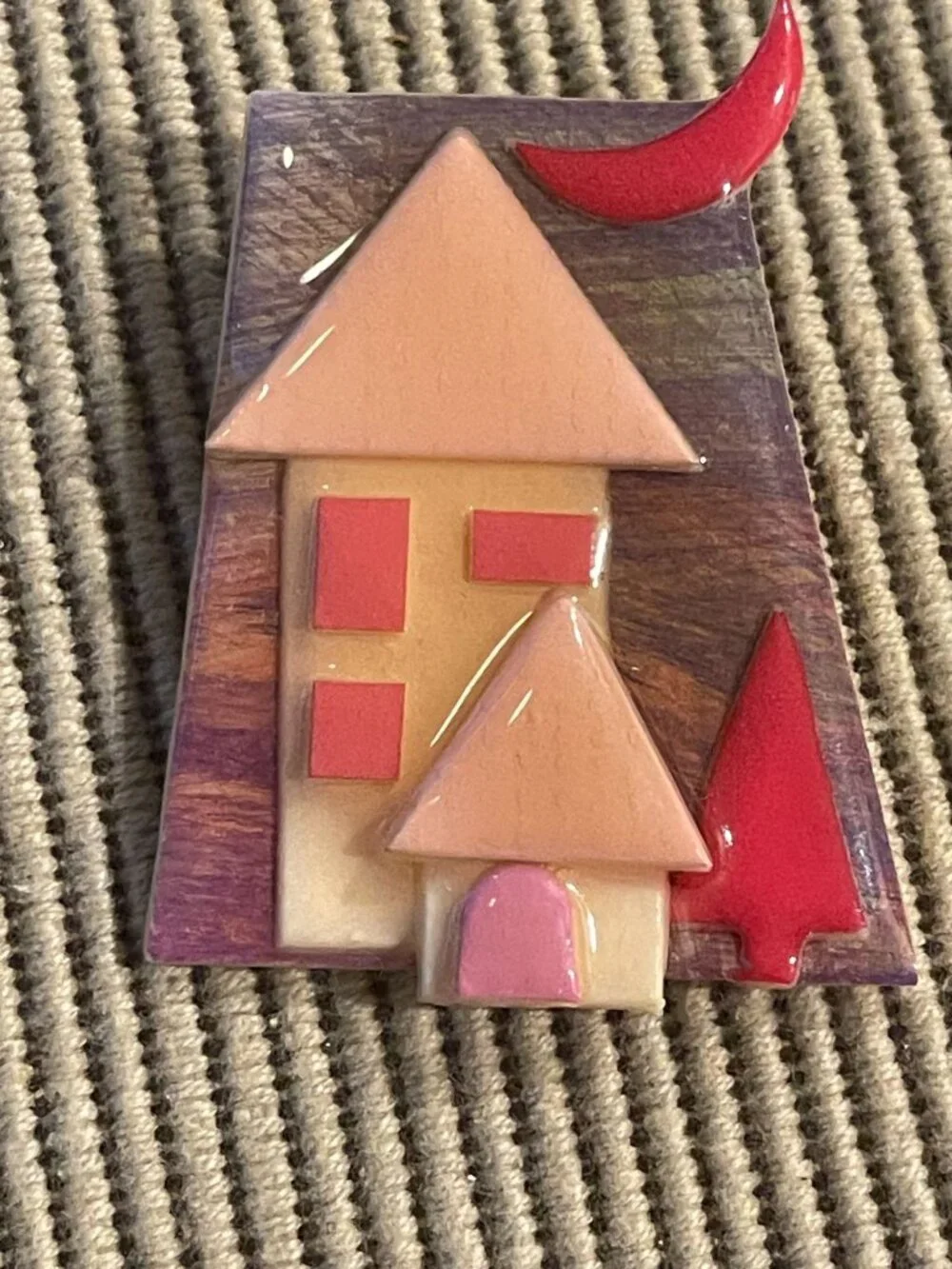 Vtg Lucinda House Brooch Pin With Red Moon Tree & Whimsical Home Design - Unique